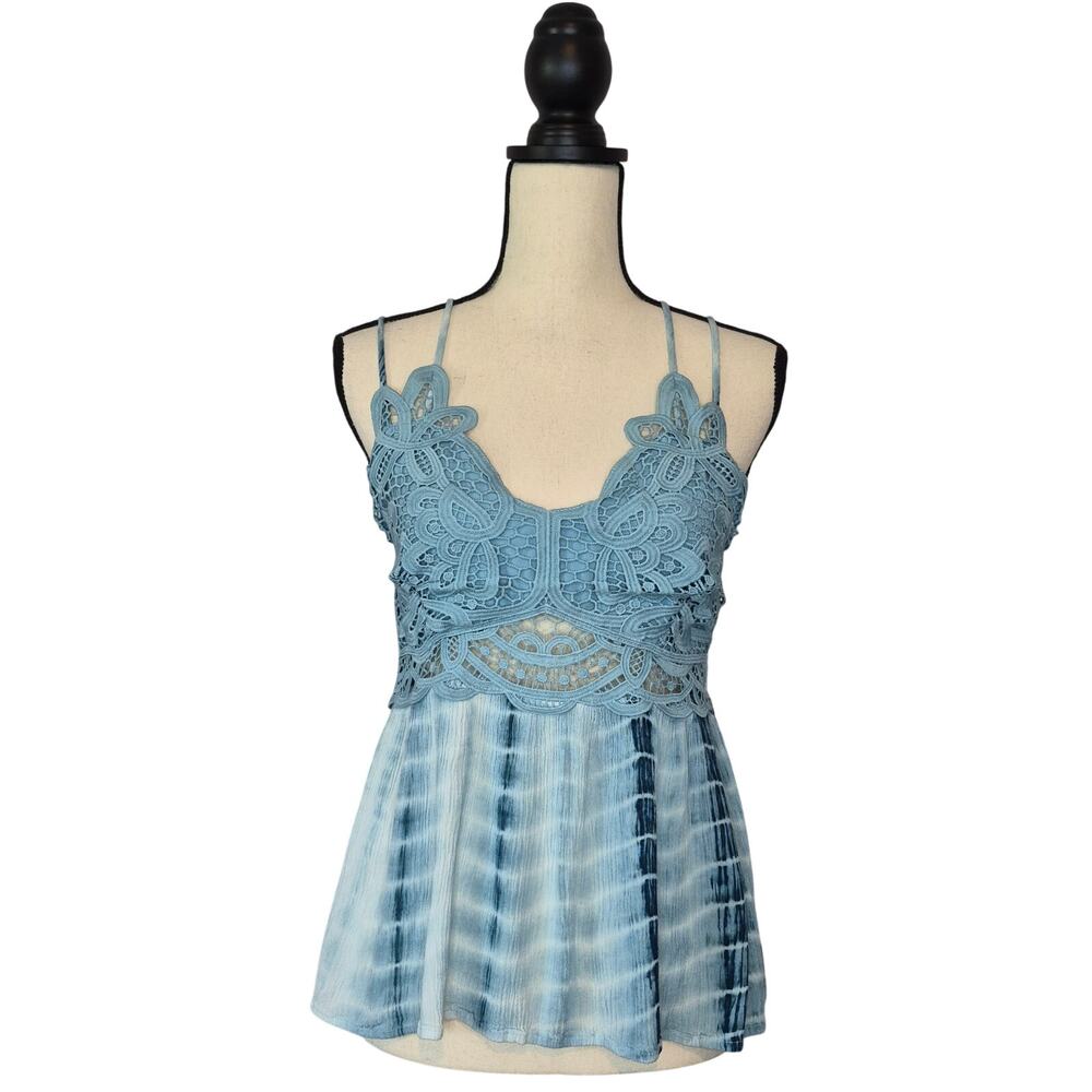 Willow & Root Blue Tie Dye Crochet Lace Boho Cami Strappy Tank Top Women's Sz M